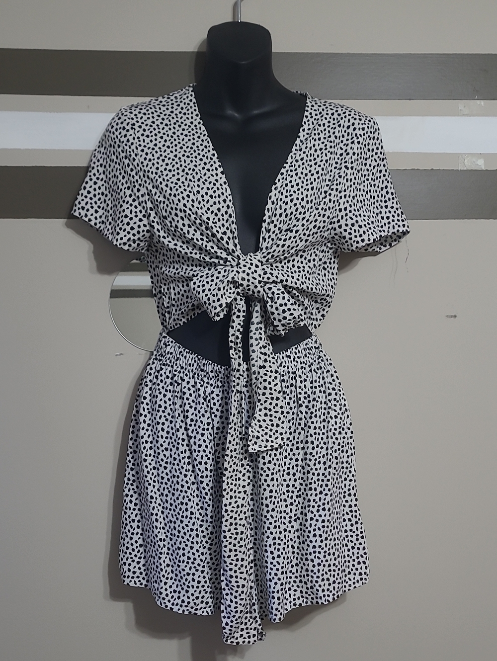 Streetwear Society Black and White Polka Dot Tie-Front Jumpsuit Romper